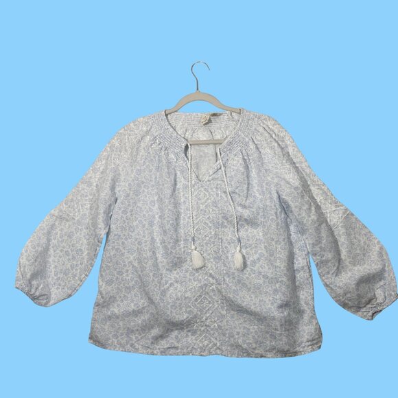 Joie Blue Floral Embroidered peasant cottage tassel Blouse S Linen & Cotton Blen - Picture 3 of 10